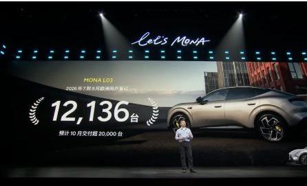 He Xiaopeng's MONA L03 slide: 12,136 orders in Europe, July–September 2026; more than 20,000 deliveries expected in October. XPeng's broadcast, 11:10 UTC.